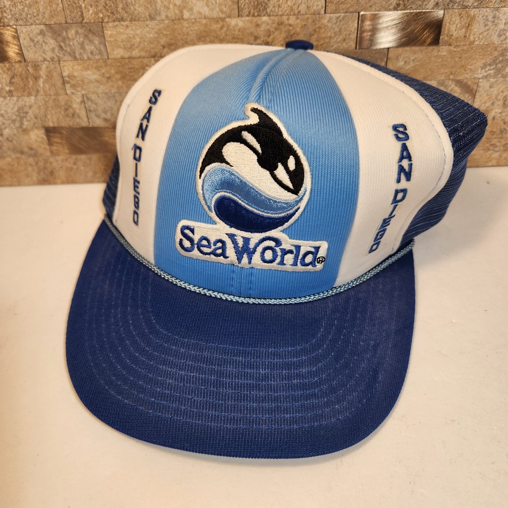 Vintage 1982 SeaWorld San Diego Trucker Hat Shamu Orca Blue White Snapback Cap